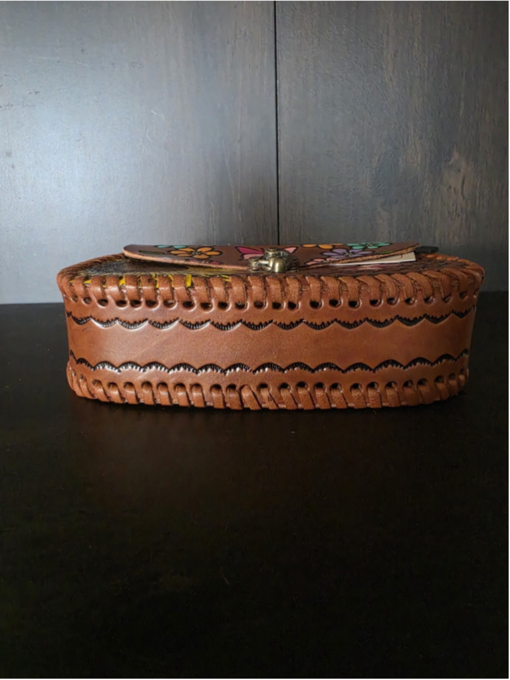 Butterfly Sunflower Brown Embossed Tooled Artisan LEATHER Crossbody Purse Bag - Picture 9 of 16